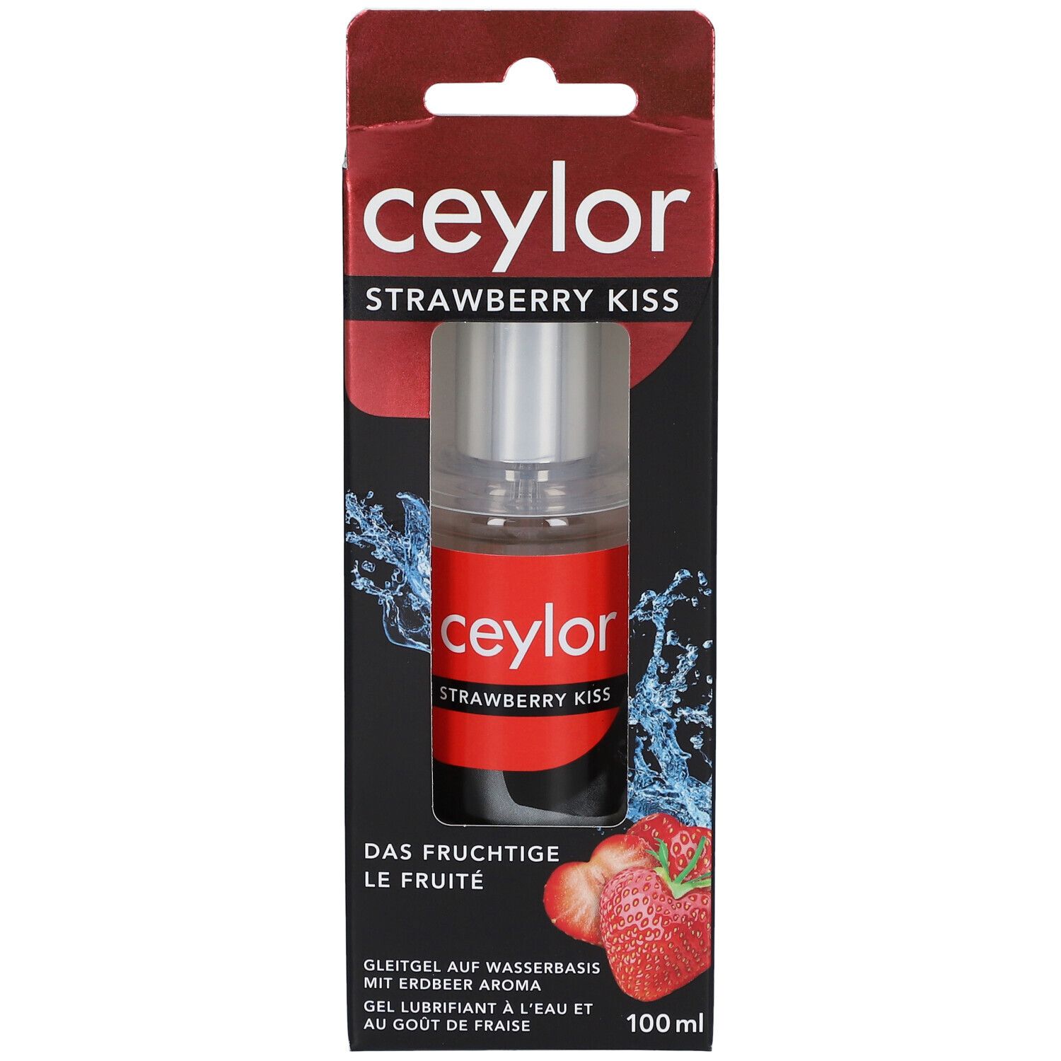 Verpackung ceylor STRAWBERRY KISS. Flasche mit rotem Etikett und silbernem Sprühkopf. Erdbeeren abgebildet.