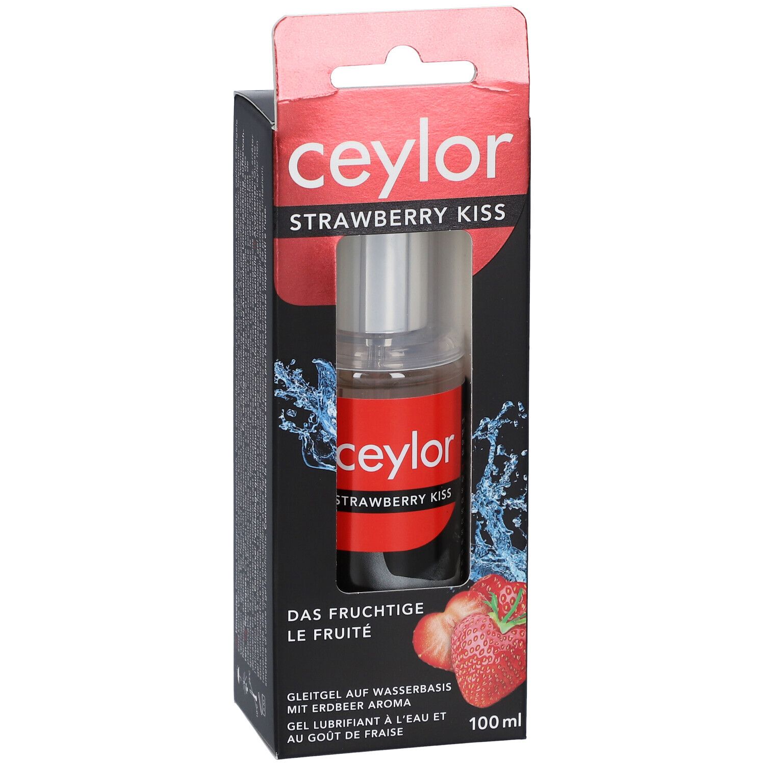 Verpackung ceylor STRAWBERRY KISS. Flasche mit rotem Etikett und silbernem Sprühkopf. Erdbeeren abgebildet.