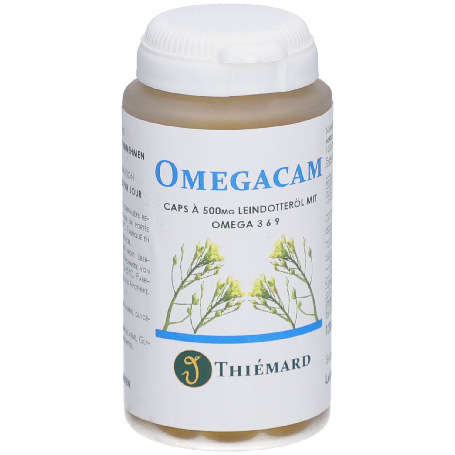 Flacon beige avec bouchon blanc. Inscription: Omegacam, Caps à 500mg huile de caméline avec Omega 3 6 9. Marque: THIÉMARD.