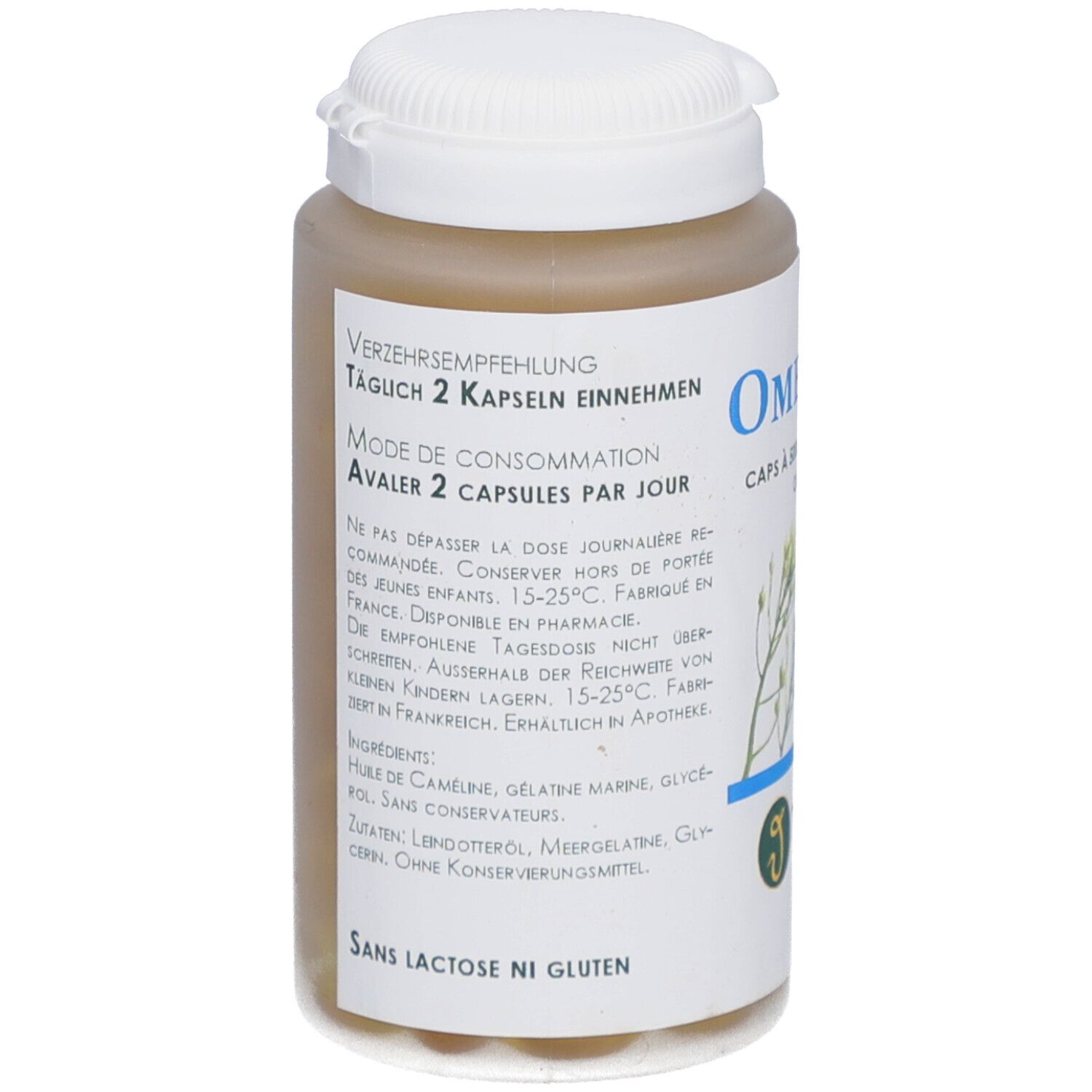 Dos du flacon. Texte: Mode d'emploi: Avaler 2 capsules par jour. Ingrédients. Sans lactose ni gluten.