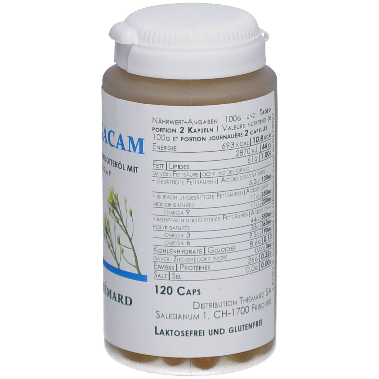 Flacon avec bouchon blanc. Inscription: Omegacam, Caps à 500mg huile de caméline avec Omega 3 6 9. 120 gélules. Informations nutritionnelles. Marque: THIÉMARD.