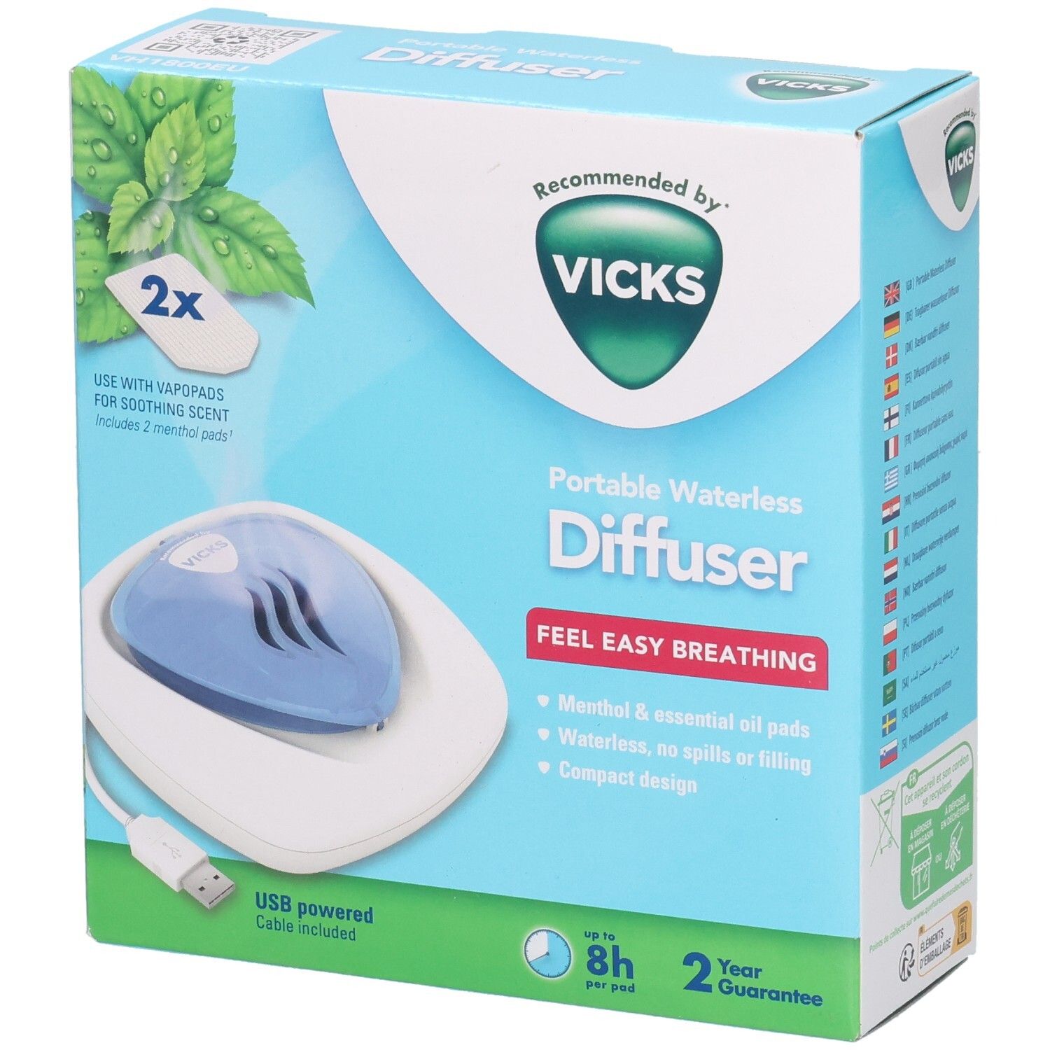 Emballage du diffuseur portable sans eau Vicks. Comprend diffuseur, câble USB et VapoPads. Couleurs bleu et blanc.