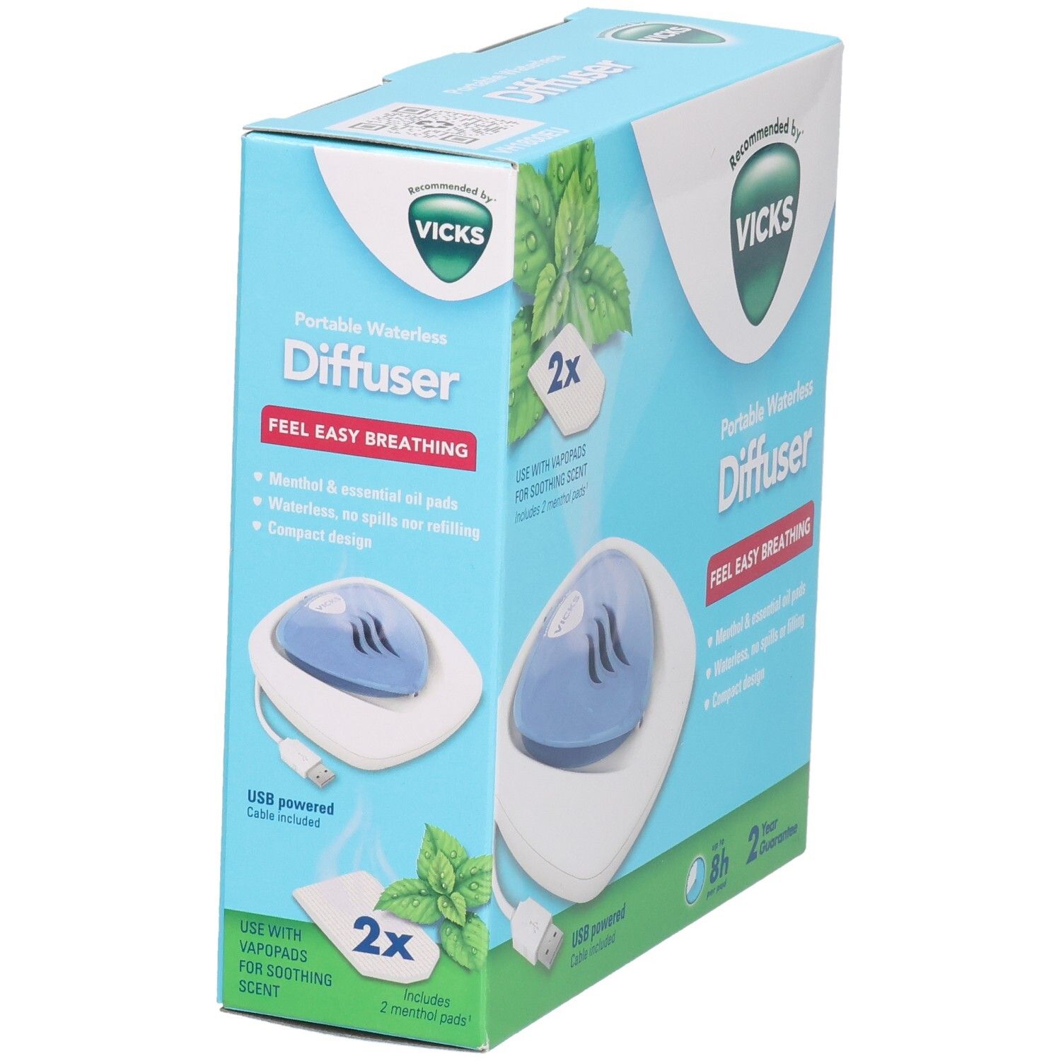 Emballage du diffuseur portable sans eau Vicks. Montre le diffuseur et les VapoPads. Couleurs bleu et blanc.