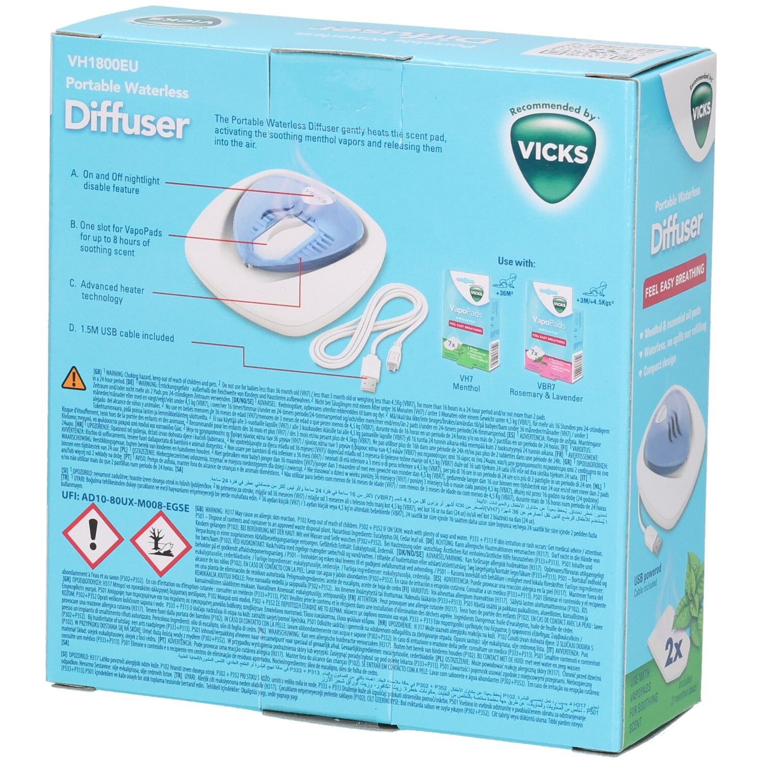 Dos de l'emballage du diffuseur portable sans eau Vicks. Contient des informations sur le produit et des symboles.