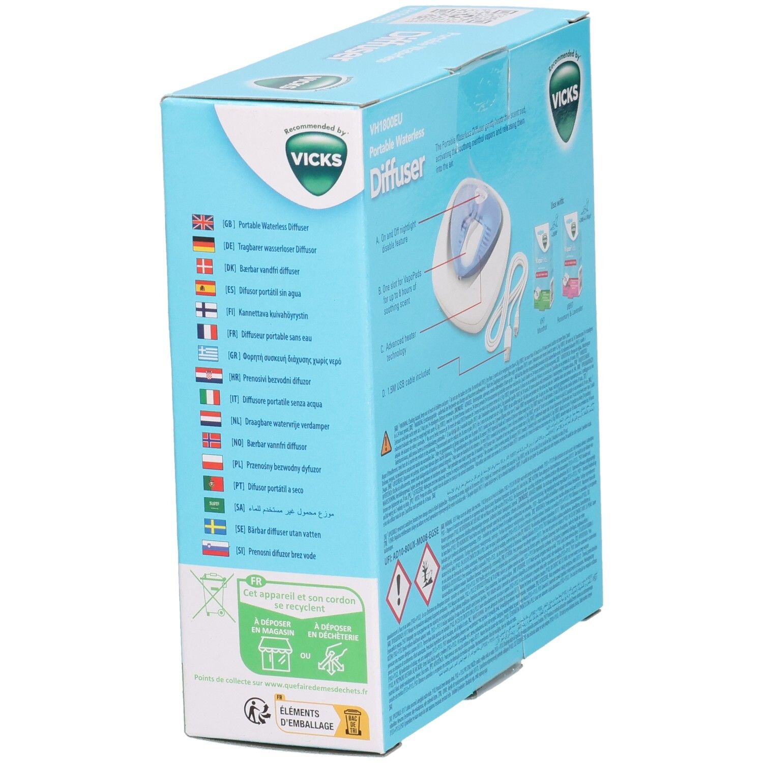 Côté de l'emballage du diffuseur portable sans eau Vicks. Affiche les informations et symboles du produit.