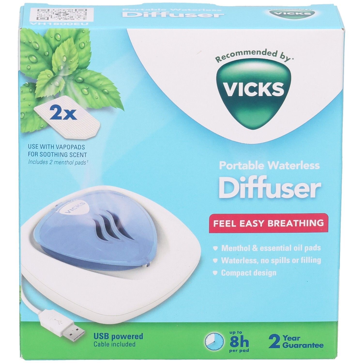 Emballage du diffuseur portable sans eau Vicks. Comprend diffuseur, câble USB et VapoPads. Couleurs bleu et blanc.