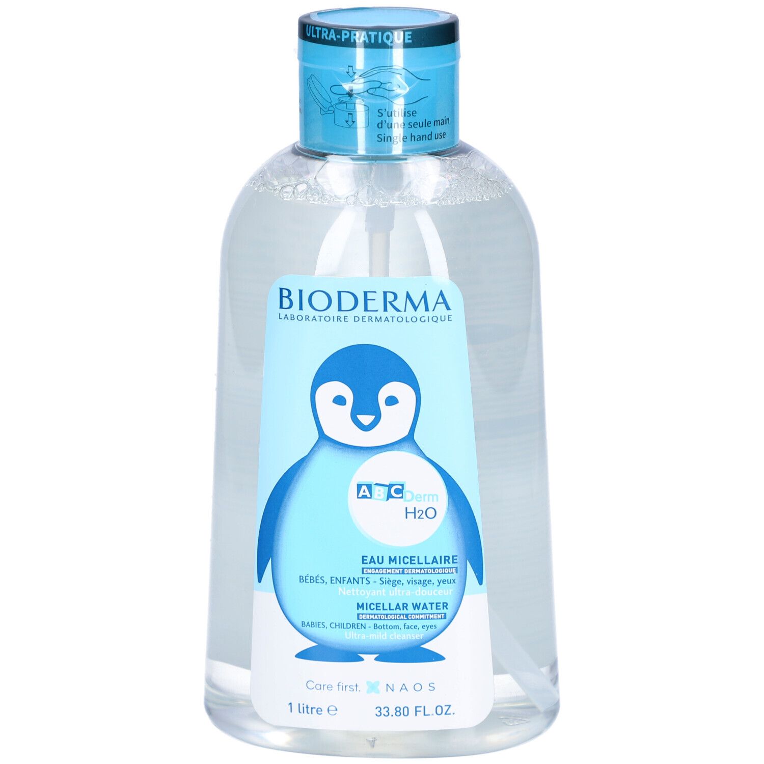 BIODERMA® ABCDerm H2O Mizellenlösung. Flasche mit blauem Deckel und Etikett mit Pinguin-Illustration. 1 Liter.