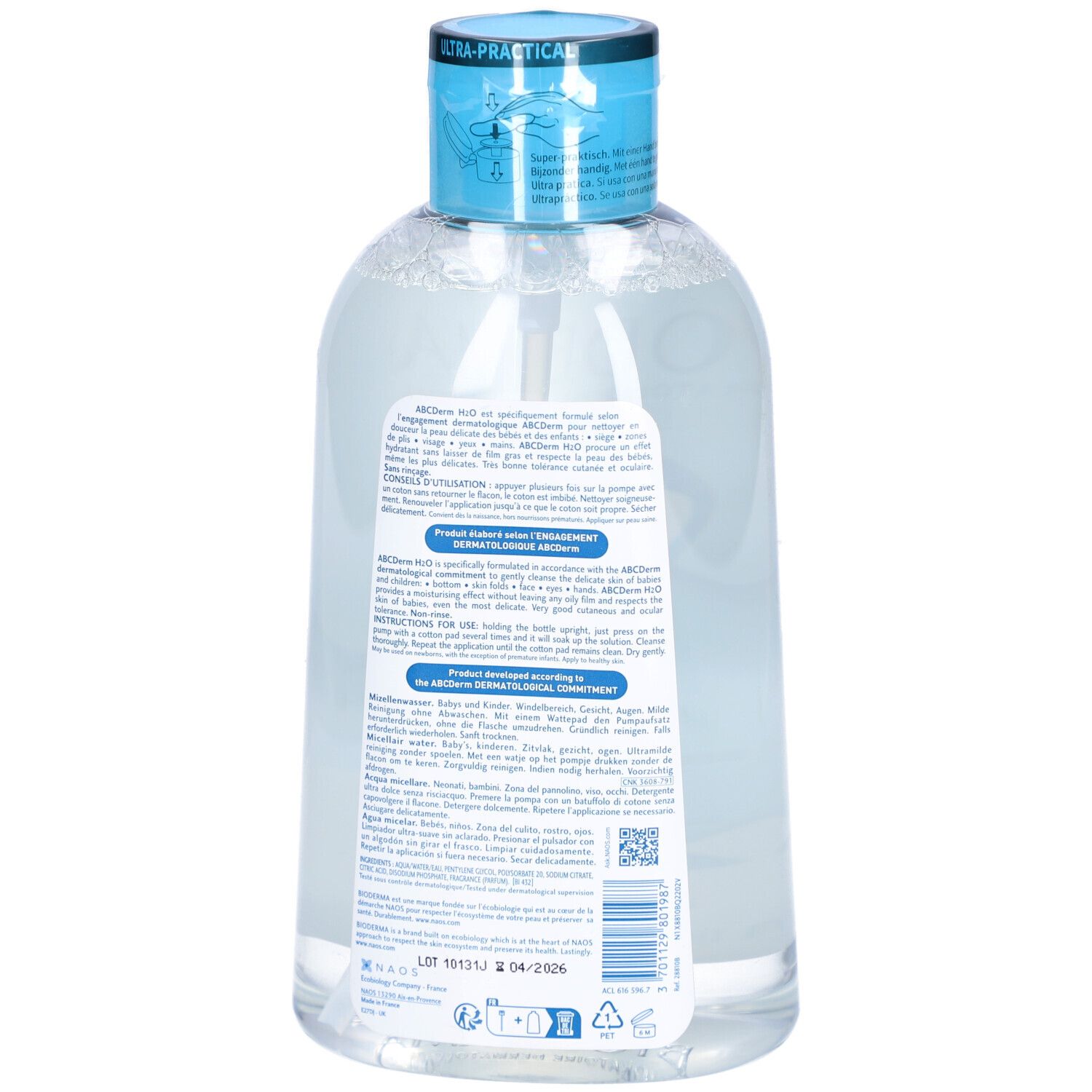 Rückseite der BIODERMA® ABCDerm H2O Flasche. Textinformationen auf weißem Etikett. Blauer Deckel.