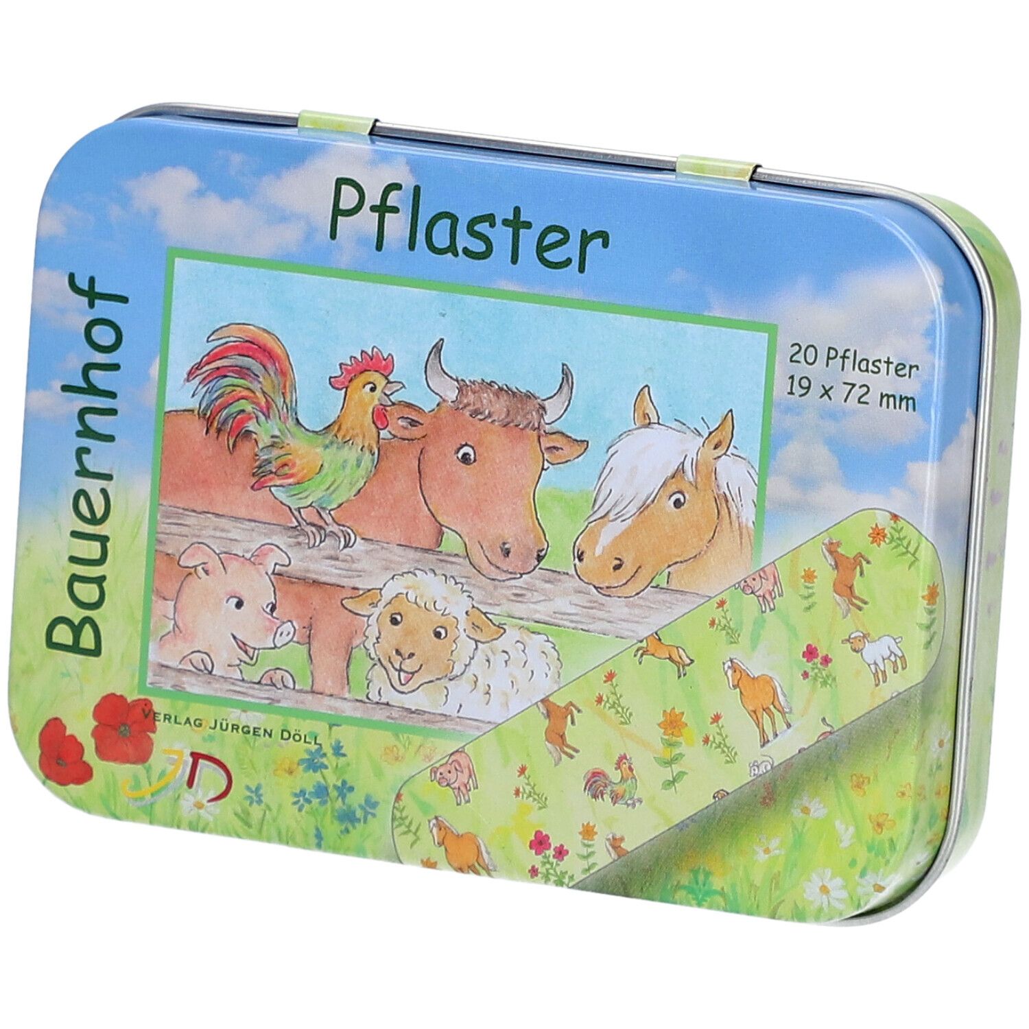 Boîte métallique avec motif de ferme. Contient des pansements. Inscription : Pflaster, 20 pansements 19 x 72 mm.