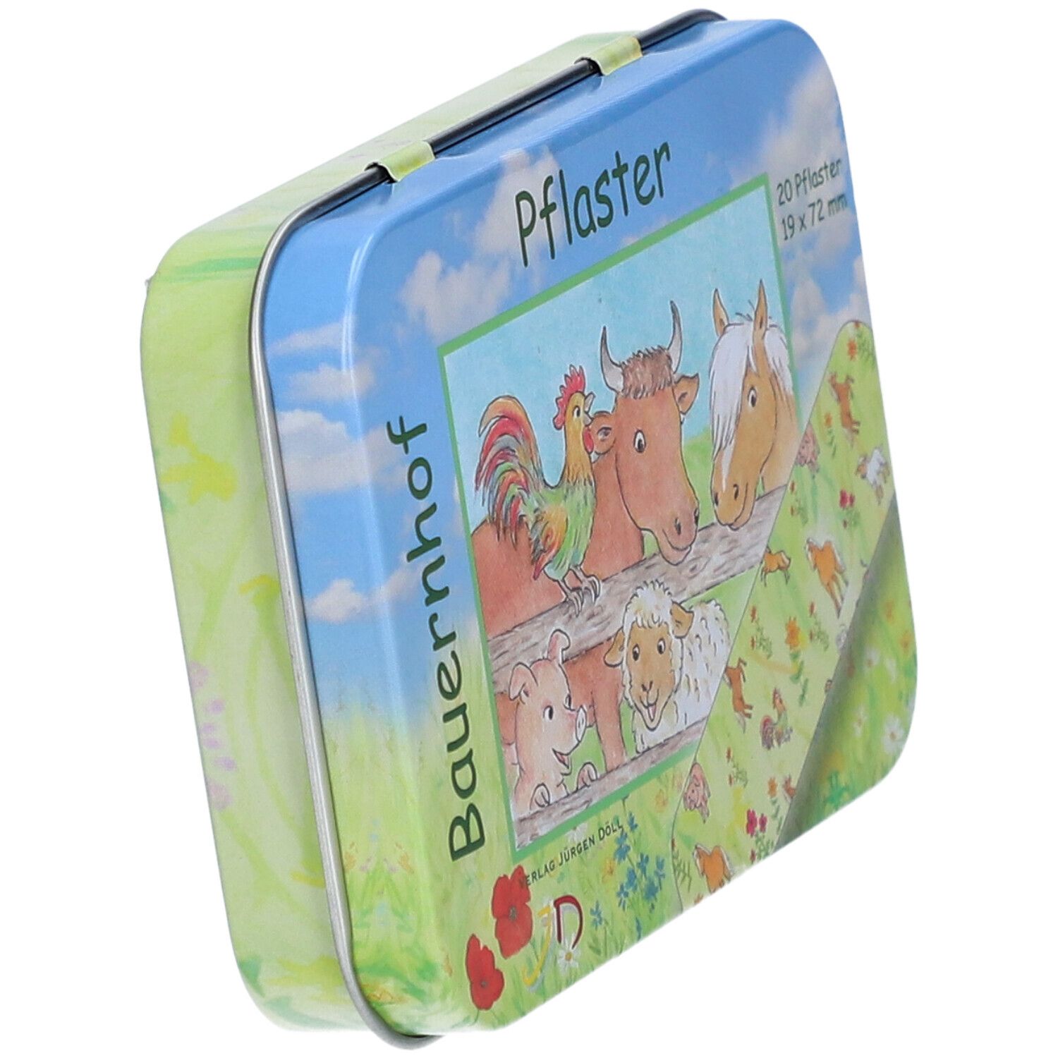 Vue oblique de la boîte métallique avec motif de ferme. Inscription : Pflaster, 20 pansements 19 x 72 mm.