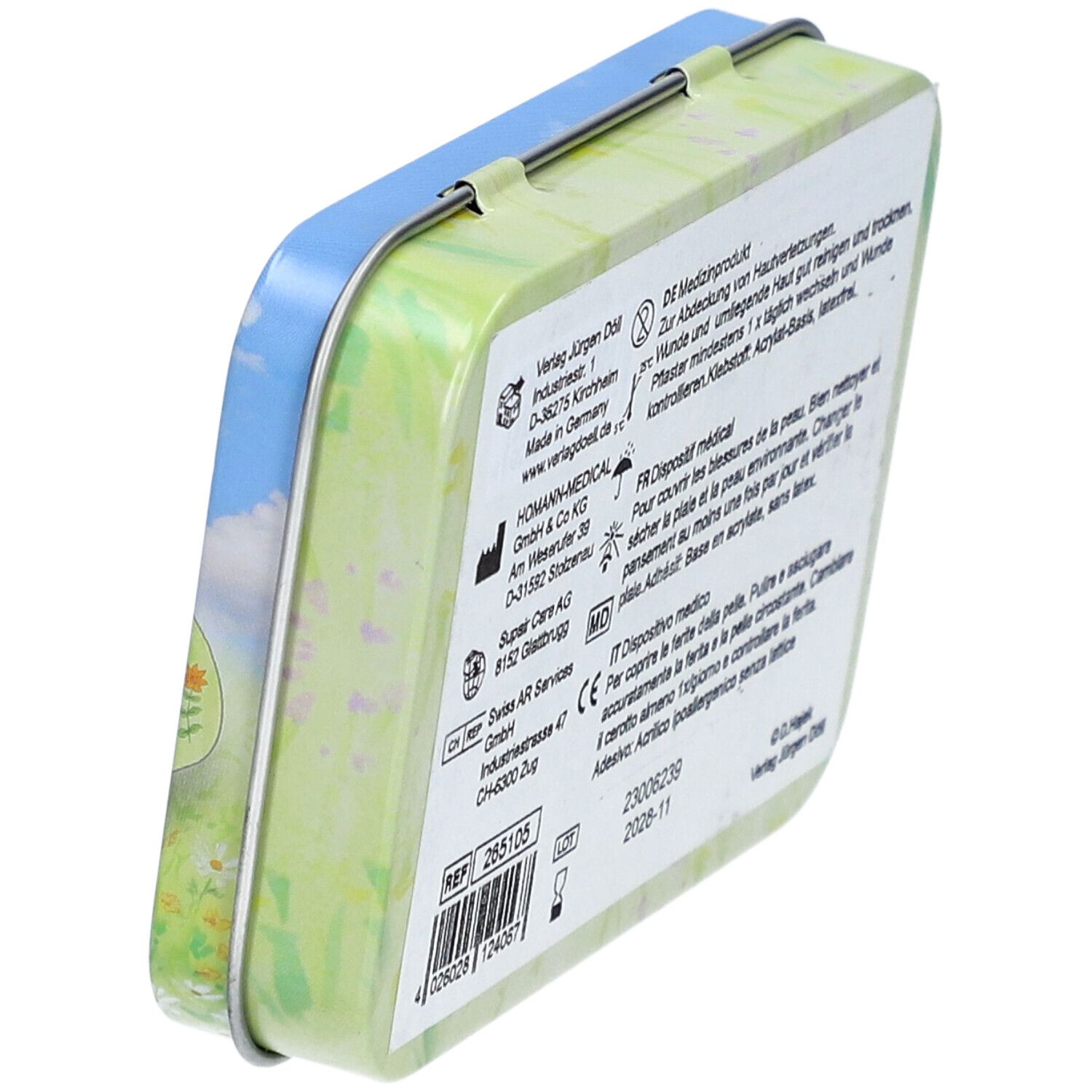 Vue oblique du dos de la boîte métallique. Informations sur le fabricant, les ingrédients et les certifications.