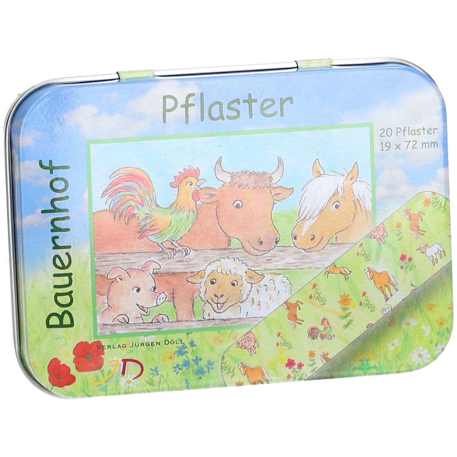 Boîte métallique avec motif de ferme. Inscription : Pflaster, 20 pansements 19 x 72 mm. Animaux illustrés.