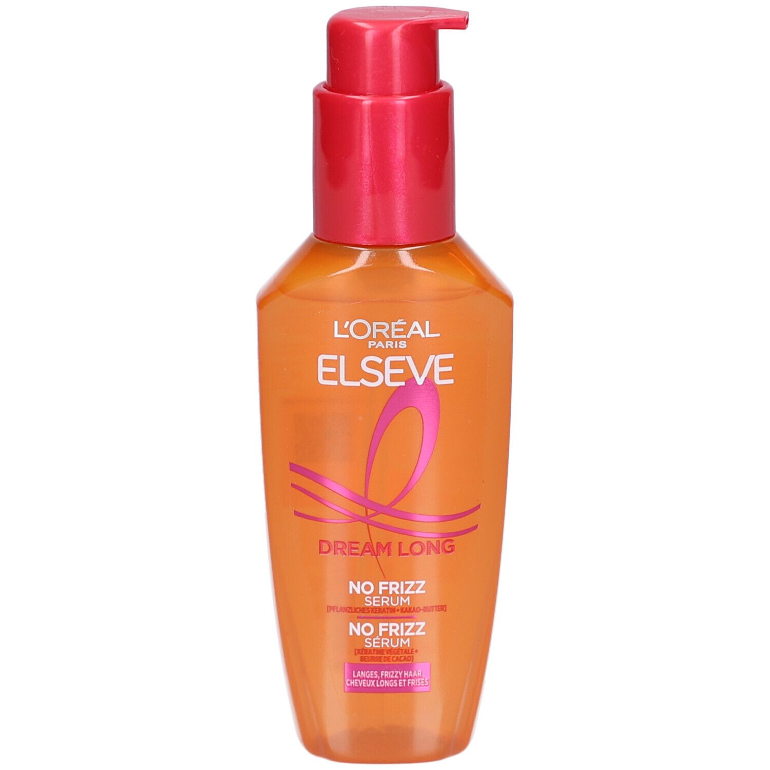 Orangefarbene Flasche mit rotem Pumpkopf. L'Oréal Paris Elsève Dream Long, No Frizz Serum. Rosa Logo.