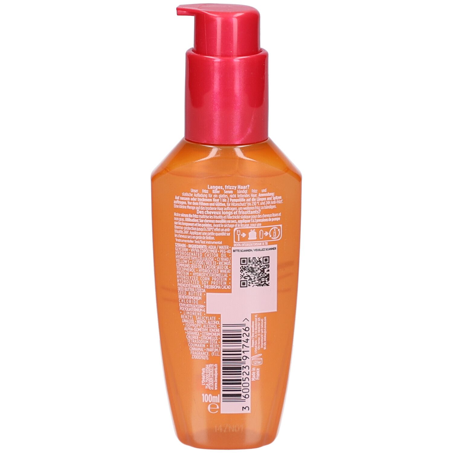 Rückseite der orangefarbenen Flasche mit Text und QR-Code. Roter Pumpkopf. Produktname nicht sichtbar.