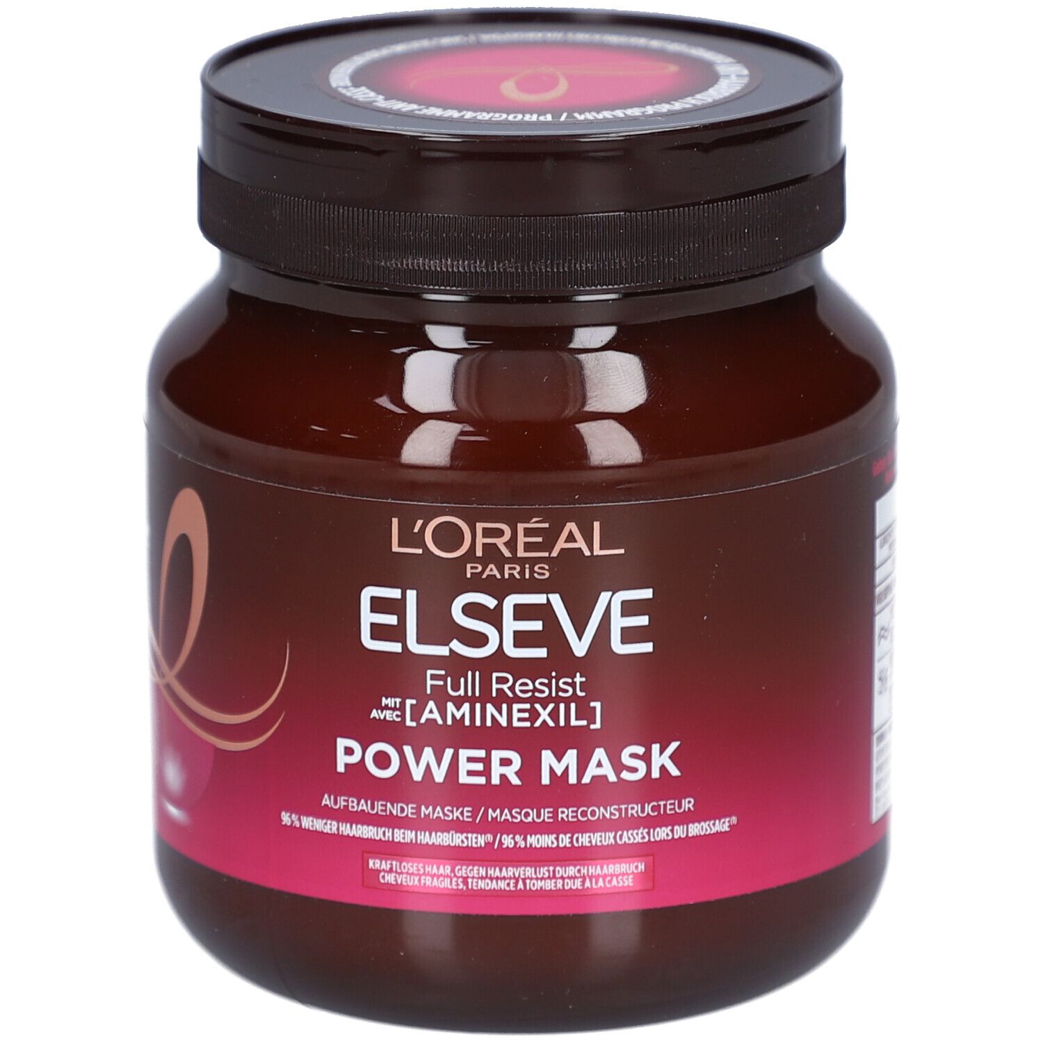 Braune Dose mit schwarzem Deckel. Aufschrift: L'Oréal Paris, Elseve, Full Resist Power Mask. Text in Deutsch und Französisch.