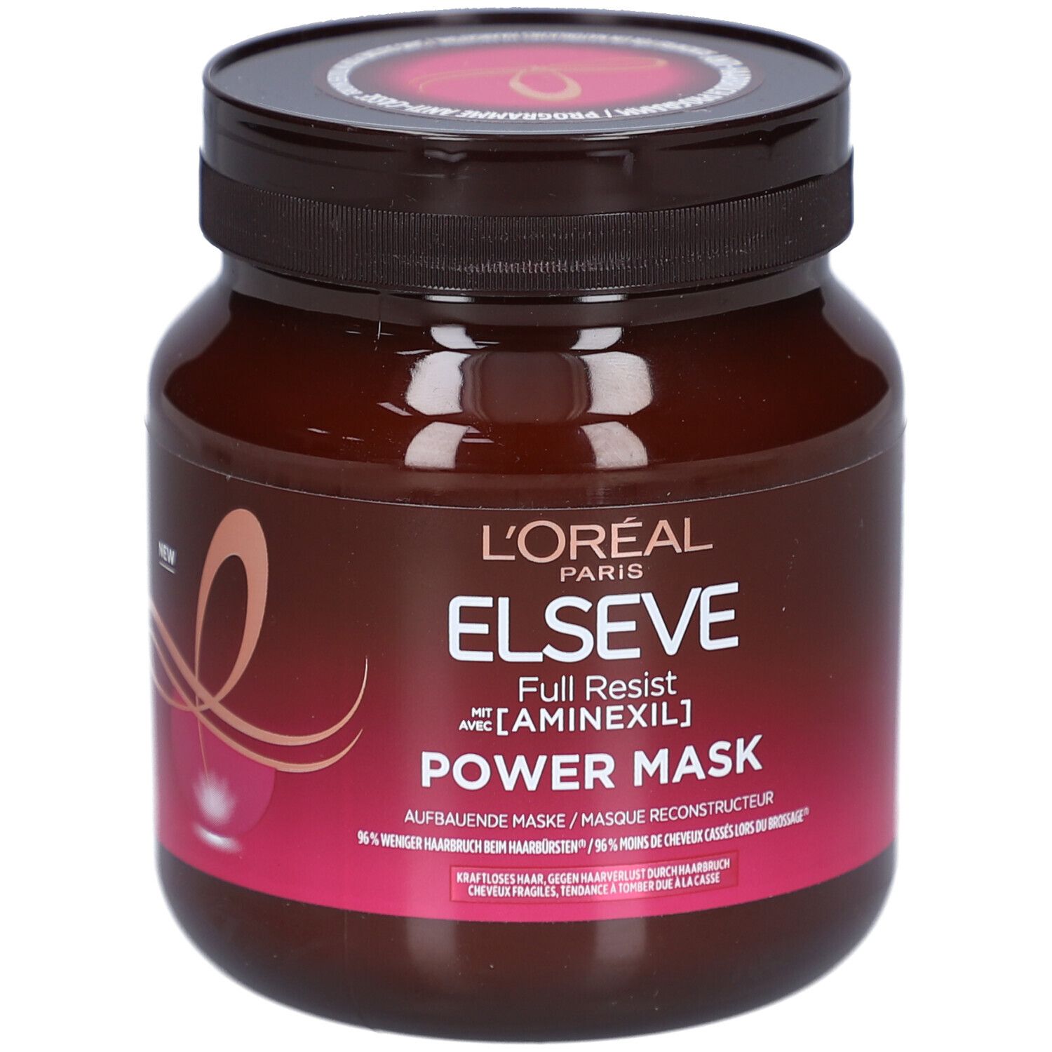 Braune Dose mit schwarzem Deckel. Aufschrift: L'Oréal Paris, Elseve, Full Resist Power Mask. Text in Deutsch und Französisch.