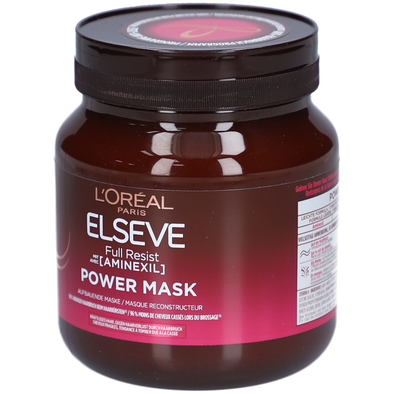 Braune Dose mit schwarzem Deckel. Aufschrift: L'Oréal Paris, Elseve, Full Resist Power Mask. Text in Deutsch und Französisch.