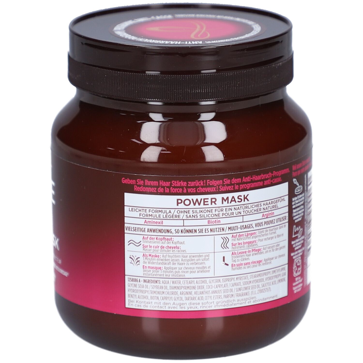 Braune Dose mit schwarzem Deckel. Aufschrift: Elseve Power Mask. Text und Illustrationen. Inhaltsstoffe und Anwendungshinweise.