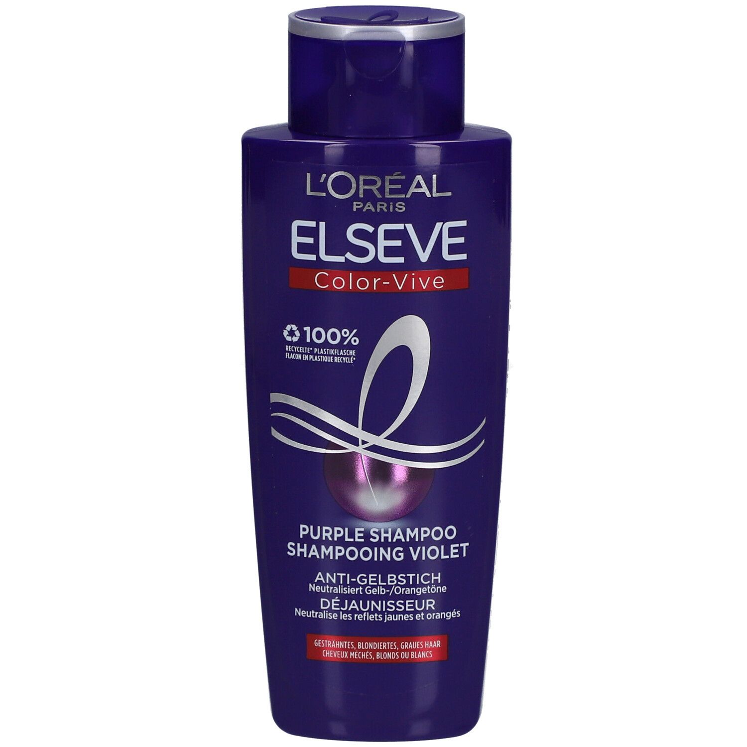 L'Oréal Paris Elseve Color-Vive Shampoo. Violette Flasche mit Produktnamen und Logo. Anti-Gelbstich.