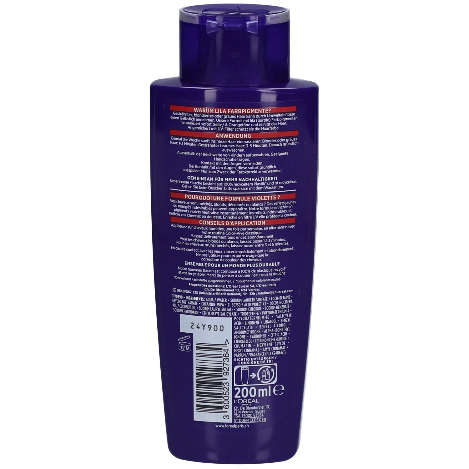 Rückseite der L'Oréal Paris Elseve Color-Vive Shampoo Flasche. Text, Inhaltsstoffe und Volumenangabe.