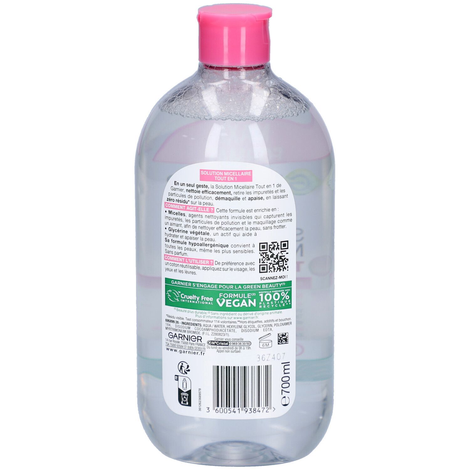 Rückseite der transparenten Flasche mit rosa Deckel. Etikett mit Text und QR-Code. Marke Garnier. Vegan-Logo.