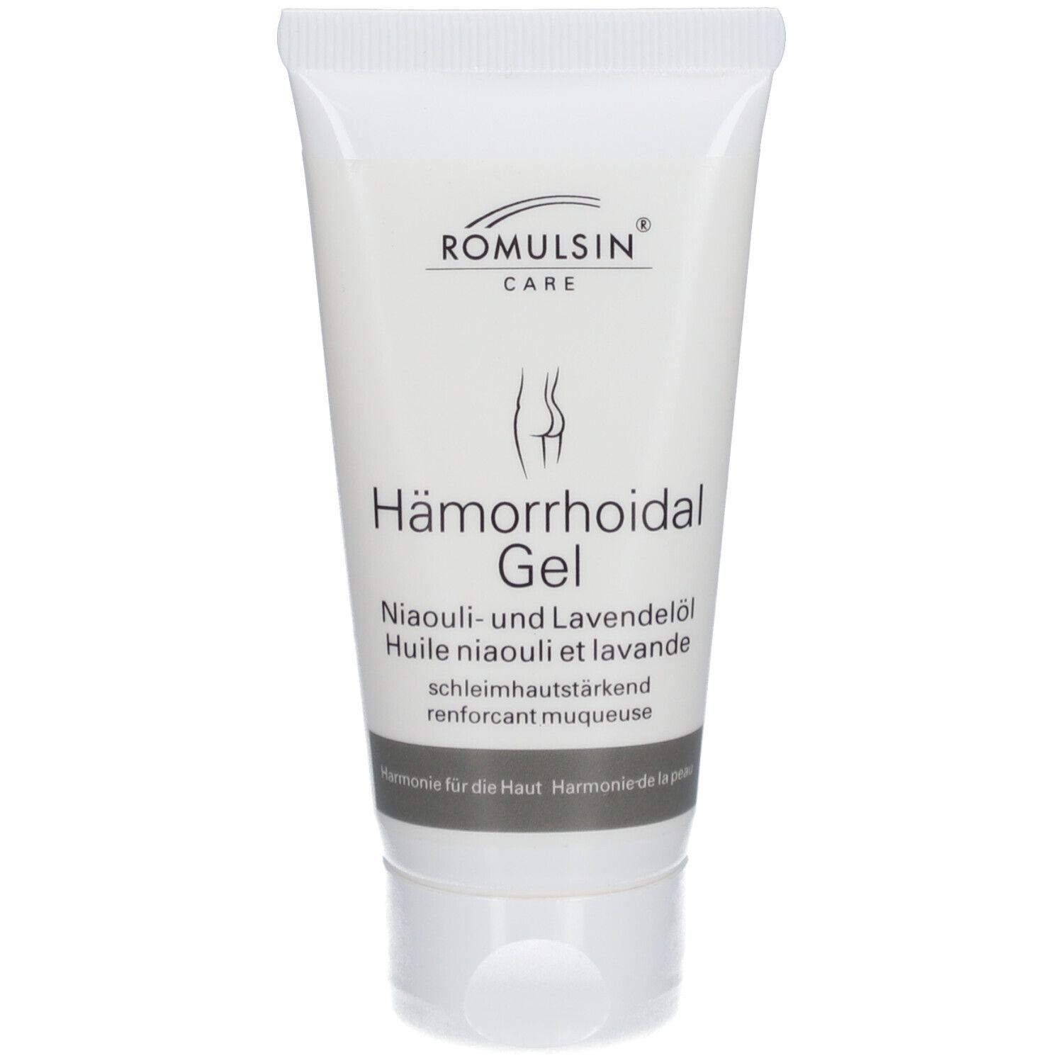 Tube mit Romulsan® Diacosa® Hämorrhoidal-Gel. Weißes Tube mit Produktnamen und Inhaltsangaben. Illustration eines Gesäßes.