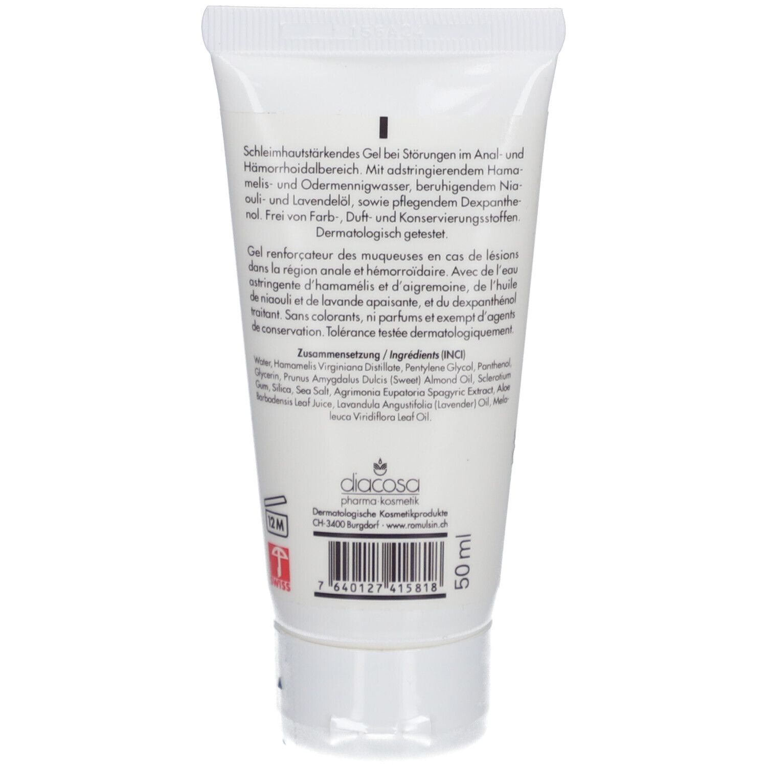 Rückseite der Tube Romulsan® Diacosa® Hämorrhoidal-Gel. Text mit Inhaltsstoffen und Herstellerinformationen. 50 ml.
