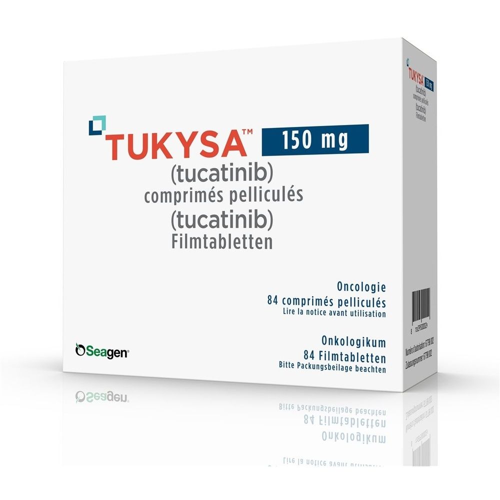 Boîte blanche avec texte rouge et bleu. Inscription : TUKYSA Filmtabl 150 mg. Emballage du produit.