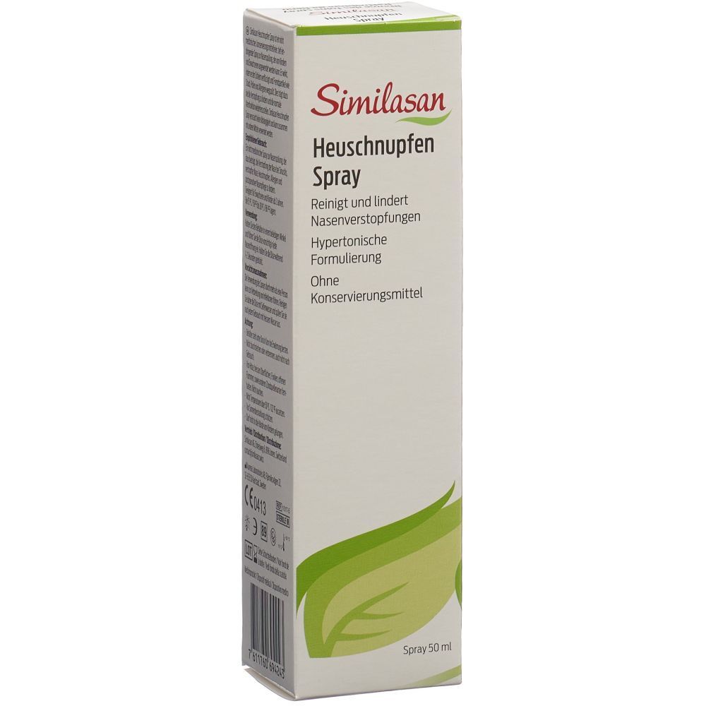 Boîte blanche Similasan Heuschnupfen Spray. Texte: Nettoie et soulage la congestion nasale. Sans conservateur. Design vert et blanc.