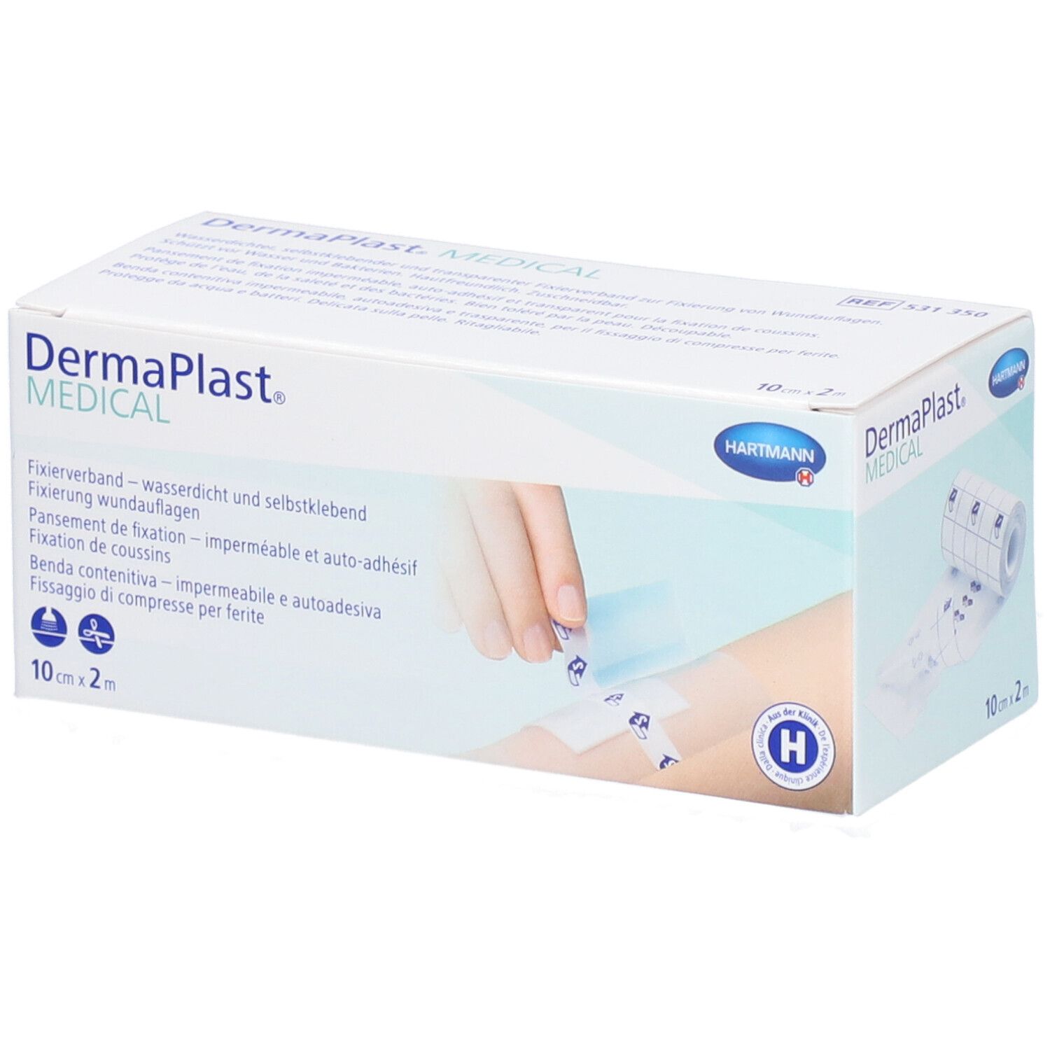 Boîte de pansement Dermaplast® Medical. Contient un pansement de fixation imperméable et auto-adhésif. 10 cm x 2 m. Logo Hartmann.