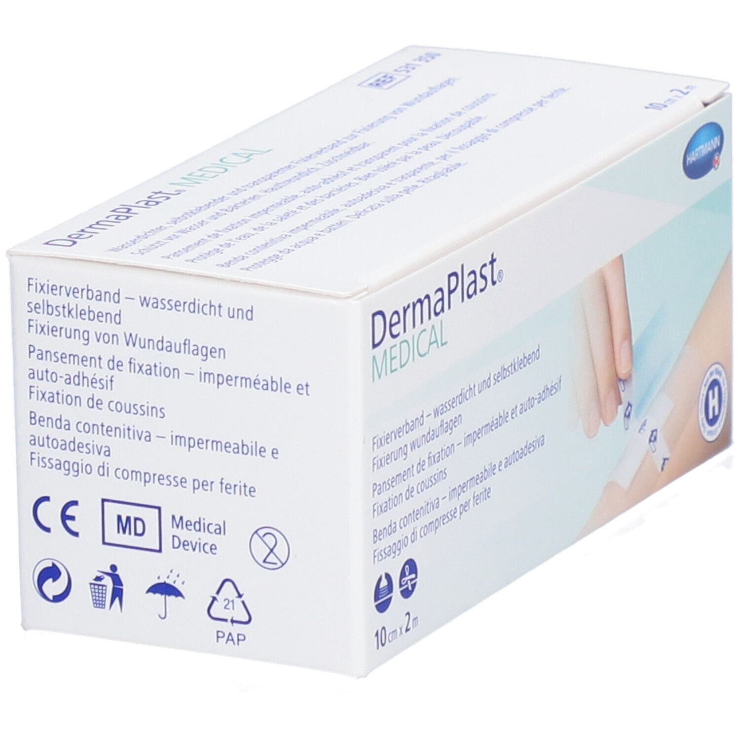 Boîte Dermaplast® Medical. Pansement de fixation imperméable et auto-adhésif. Dispositif médical. 10 cm x 2 m. Marquage CE. Symboles de recyclage.