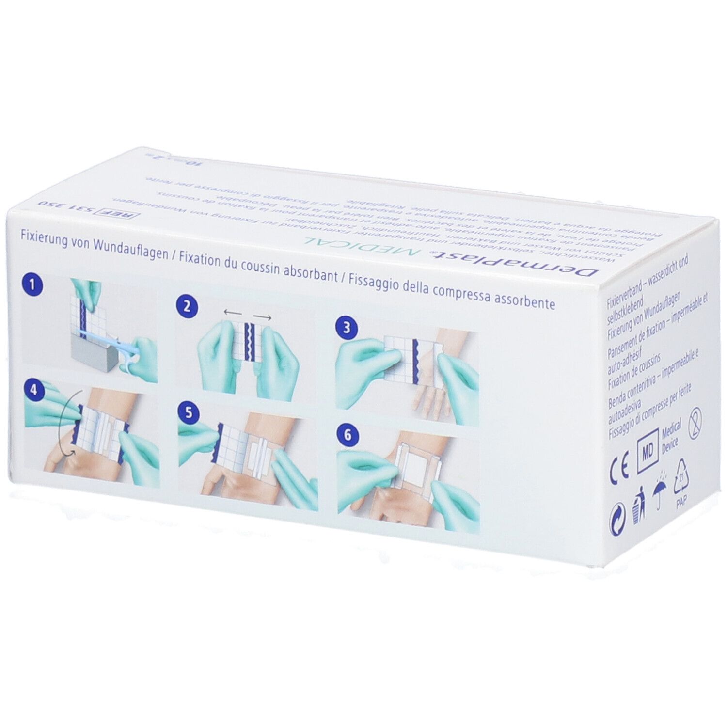 Boîte Dermaplast® Medical. Illustrations d'utilisation du pansement de fixation. Dispositif médical. Marquage CE. Symboles de recyclage.
