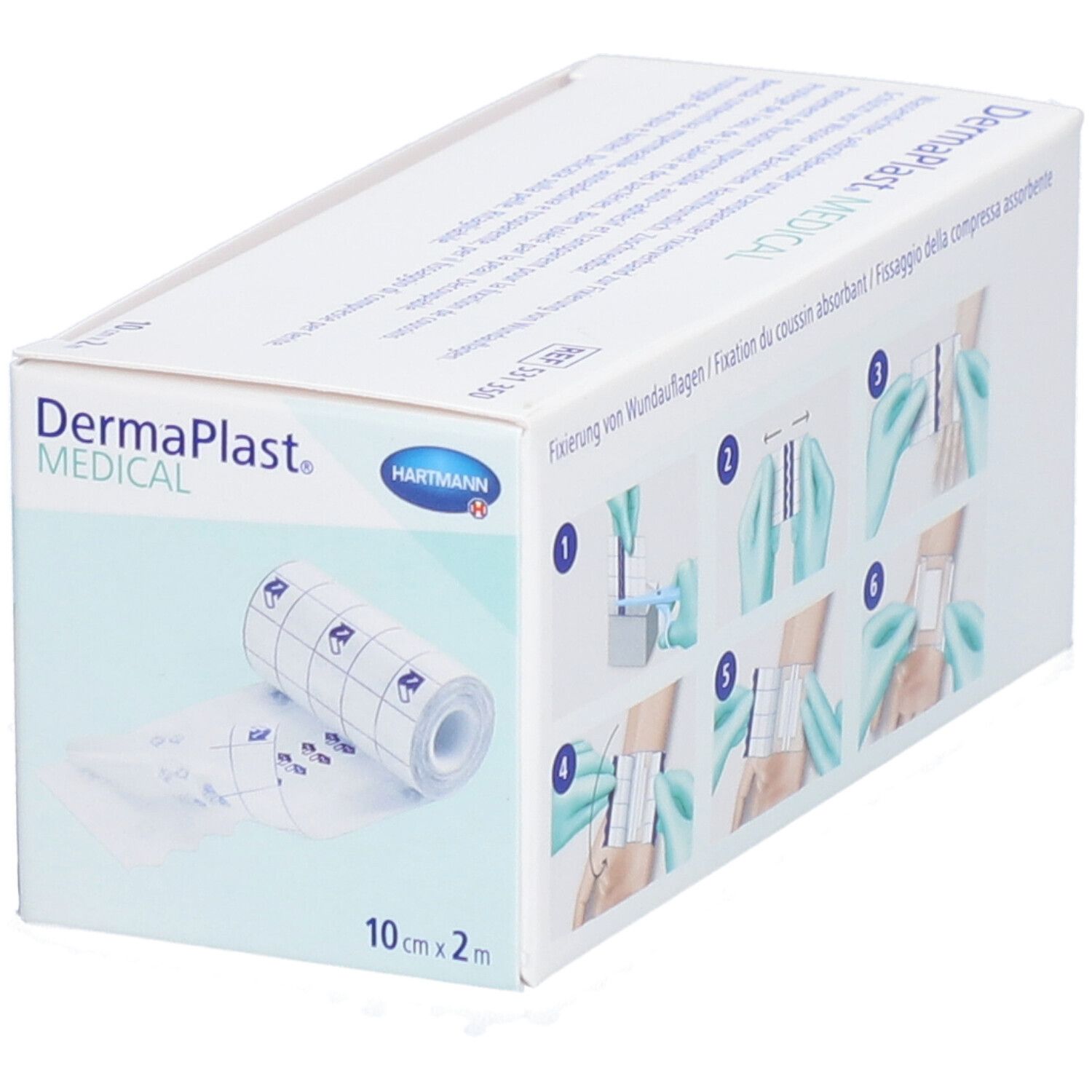 Boîte Dermaplast® Medical avec rouleau de pansement. 10 cm x 2 m. Logo Hartmann. Illustrations d'utilisation du pansement.