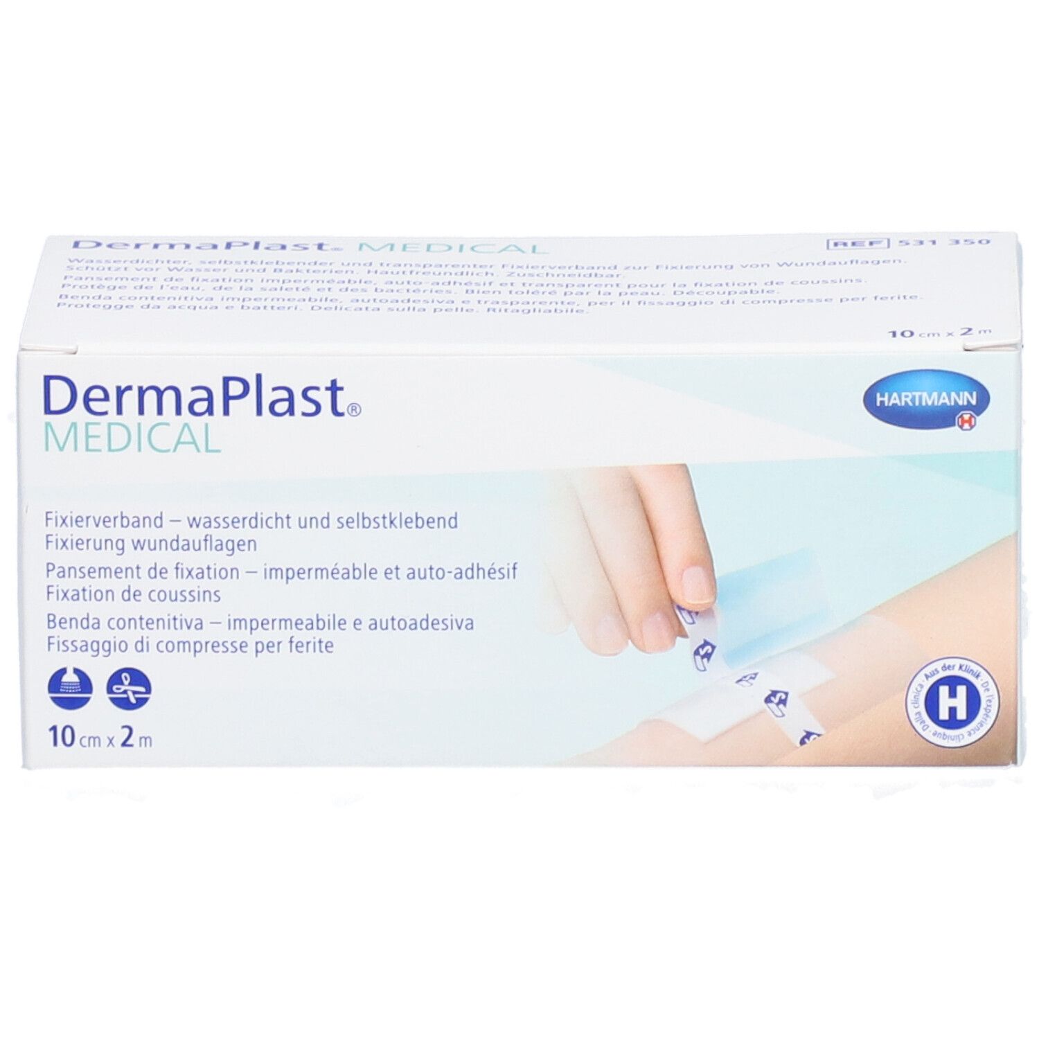 Boîte Dermaplast® Medical. Pansement de fixation imperméable et auto-adhésif. 10 cm x 2 m. Logo Hartmann. Logo H.