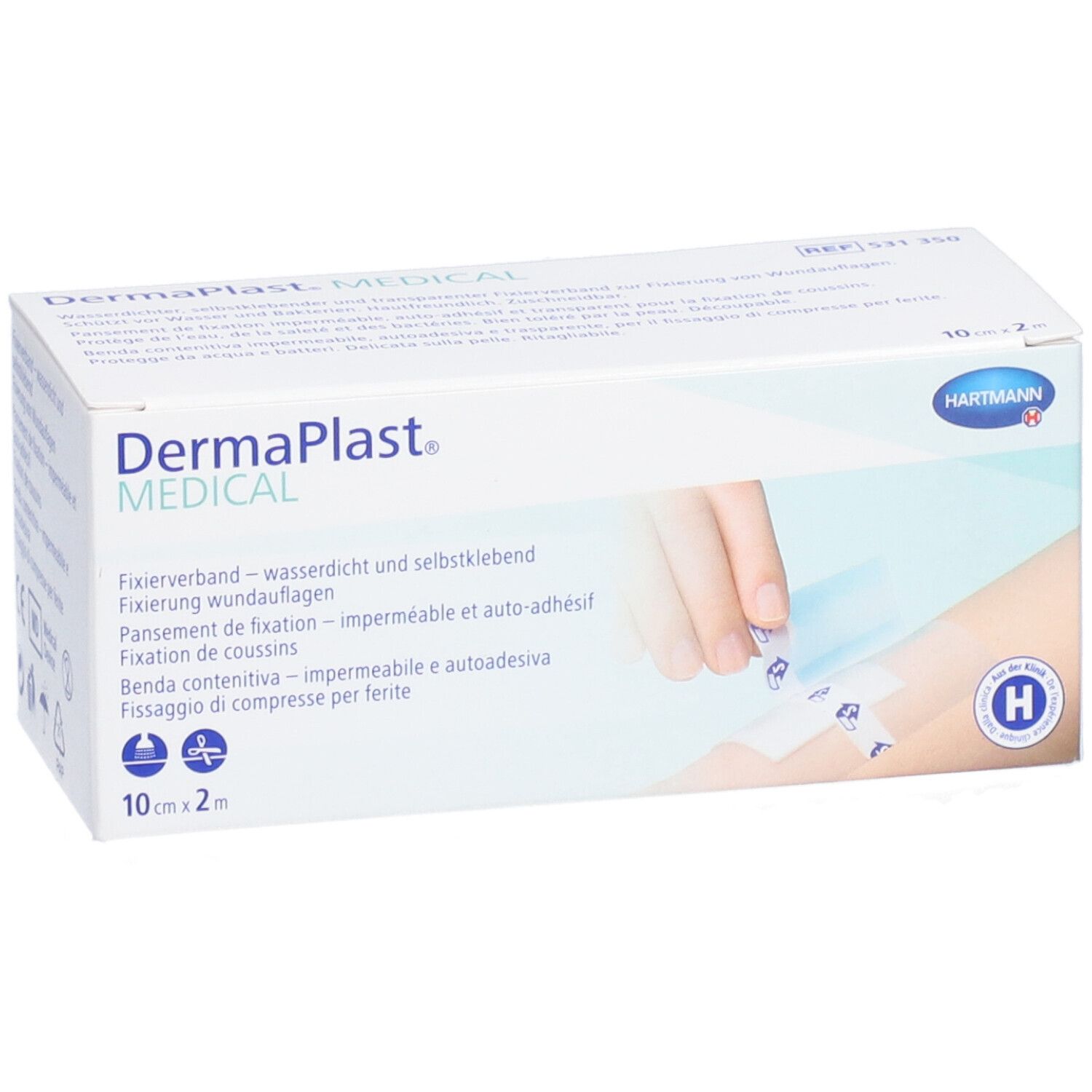 Boîte Dermaplast® Medical. Pansement de fixation imperméable et auto-adhésif. 10 cm x 2 m. Logo Hartmann. Logo H.