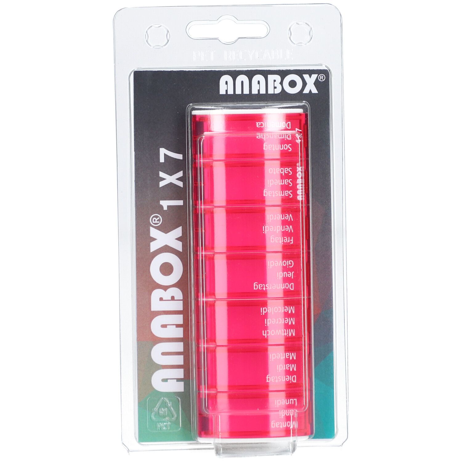 ANABOX 1x7, pinkfarbener Medikamentenspender im Blister. Sieben Fächer mit Wochentagen beschriftet. Transparente Verpackung.
