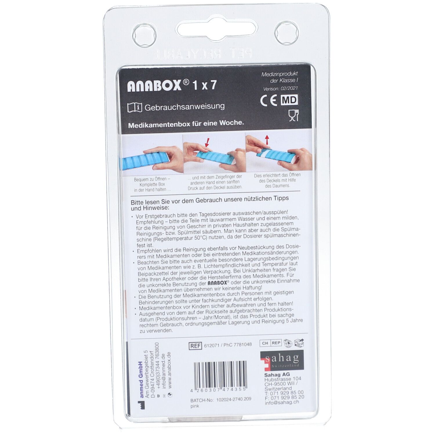 Rückseite der ANABOX 1x7 Medikamentenbox im Blister. Gebrauchsanweisung und CE-Kennzeichnung. Abbildungen zur Anwendung.