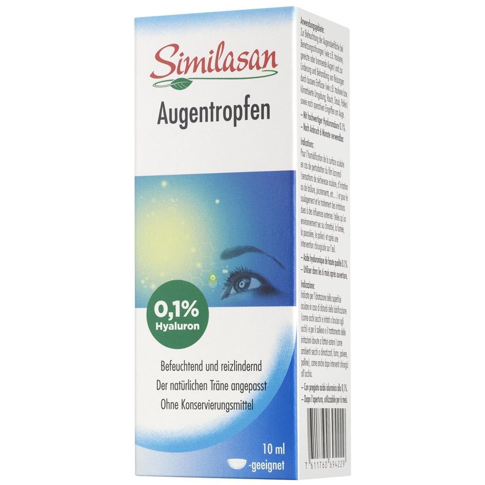 Weißer Karton mit Similasan Augentropfen. Enthält 0,1% Hyaluron. 10 ml. Aufschrift: Befeuchtend und reizlindernd.
