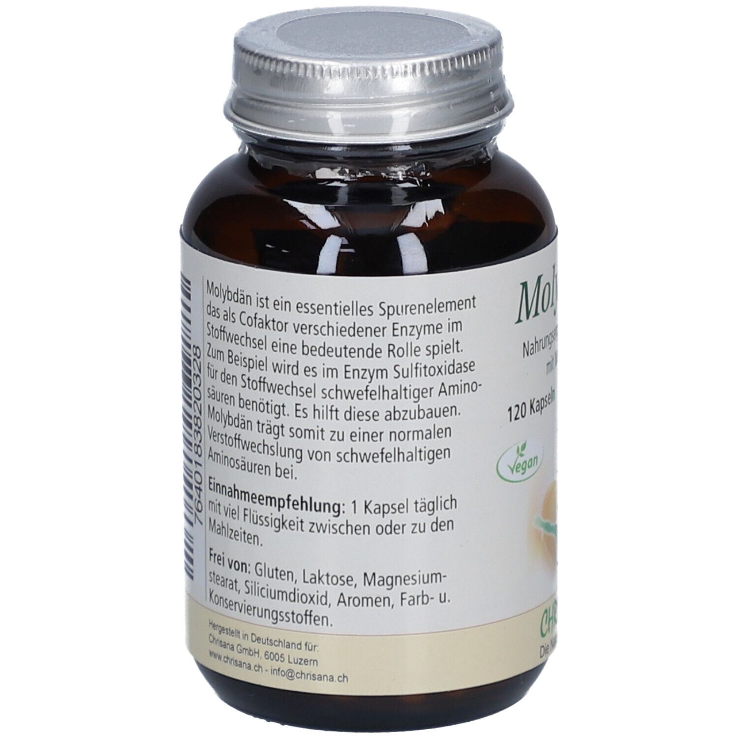 Rückseite der braunen Glasflasche mit silbernem Deckel. Textinformationen und Inhaltsstoffe. Vegan-Siegel. Marke: Chrisana.