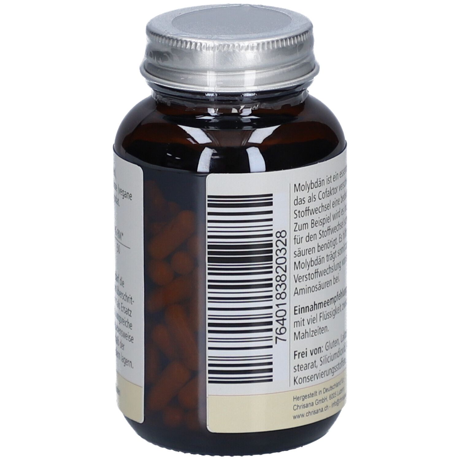 Braune Glasflasche mit silbernem Deckel. Etikett mit Barcode und Text. Kapseln sichtbar. Marke: Chrisana.