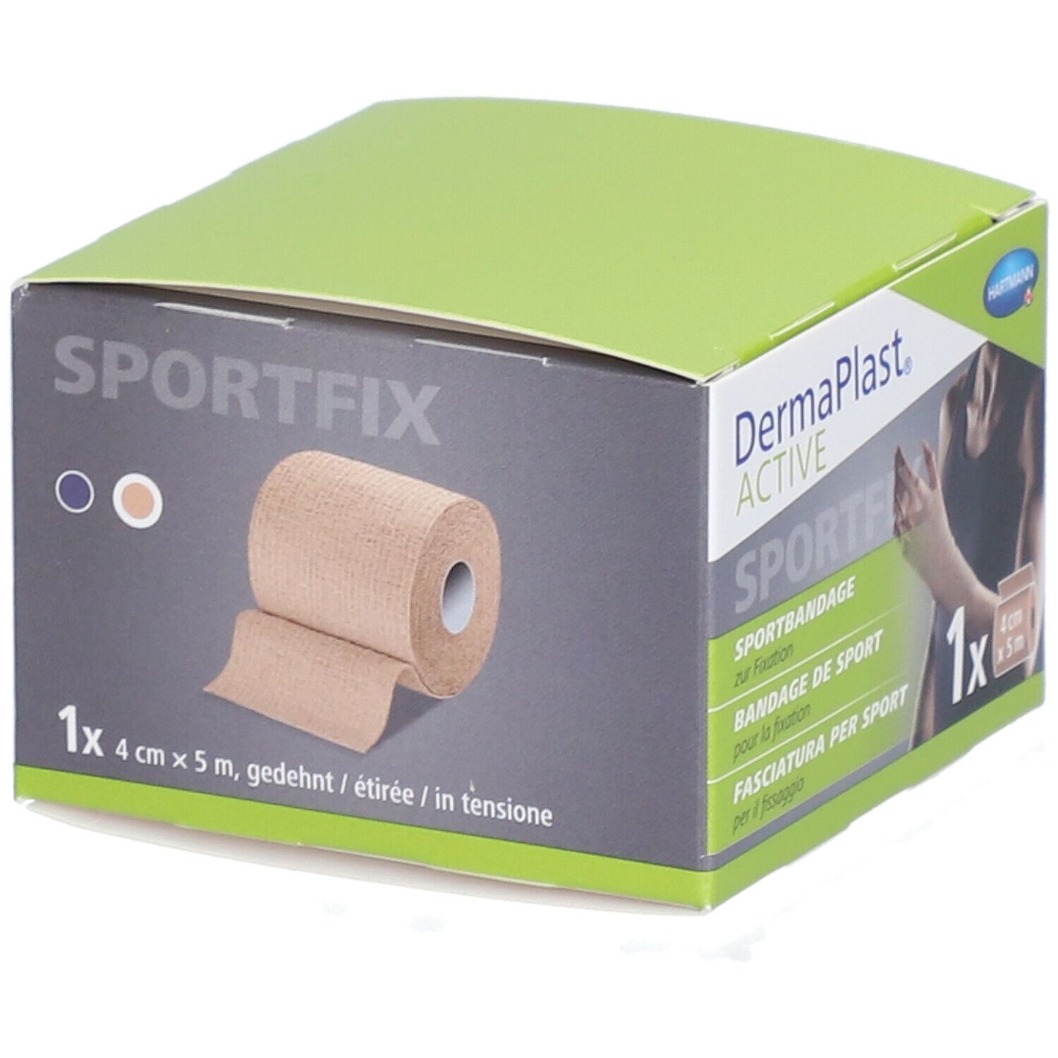 Dermaplast Active Sportfix Box. Beige Sportbandage. 1 Rolle, 4 cm x 5 m. Ausgerollt. In Tensione.