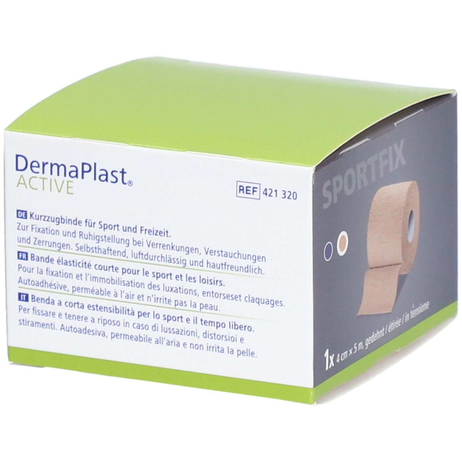 Dermaplast Active Sportfix Box. Beschreibung: Kurzzeitbinde für Sport. 1 Rolle, 4 cm x 5 m. Selbsthaftend.