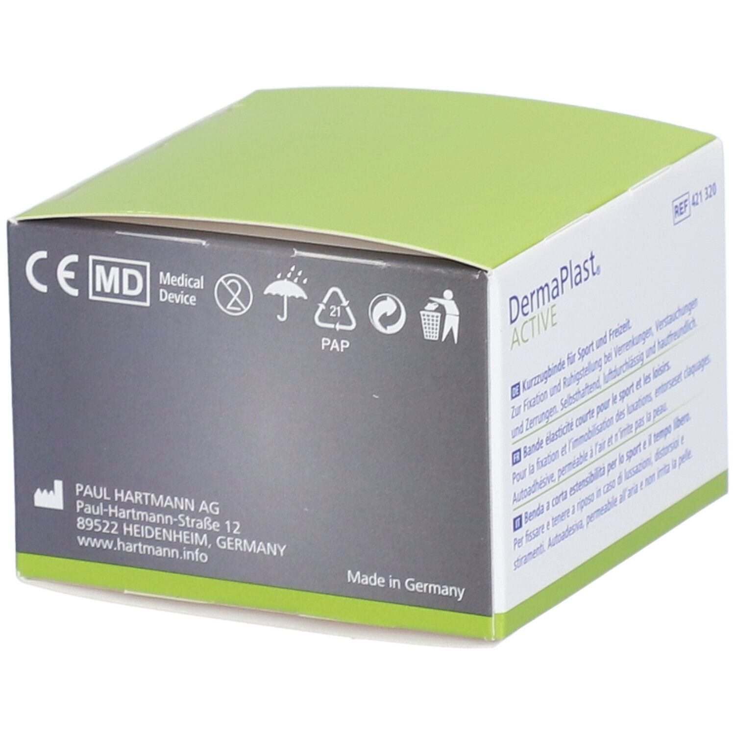Dermaplast Active Sportfix Box. Rückseite mit Informationen. CE-Kennzeichnung. Made in Germany. Recycling-Symbol.
