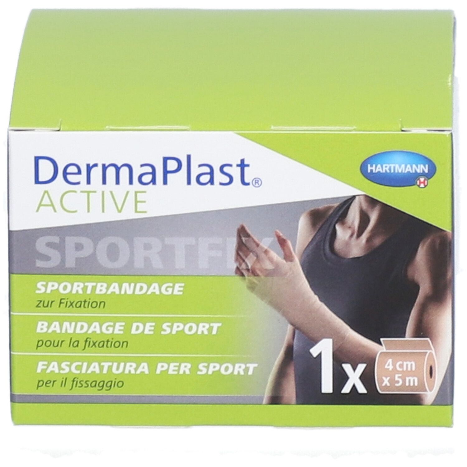 Dermaplast Active Sportfix Box. Sportbandage zur Fixation. 1 Rolle, 4 cm x 5 m. Beige. Hartmann Logo.