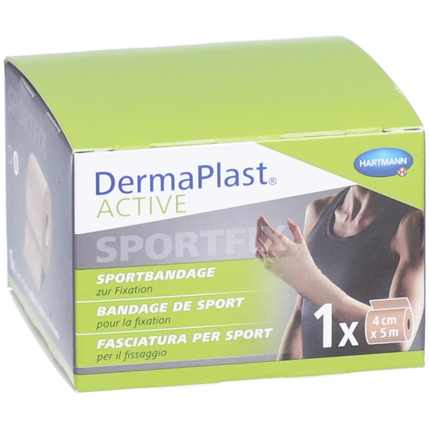 Dermaplast Active Sportfix Box. Sportbandage zur Fixation. 1 Rolle, 4 cm x 5 m. Beige. Hartmann Logo.