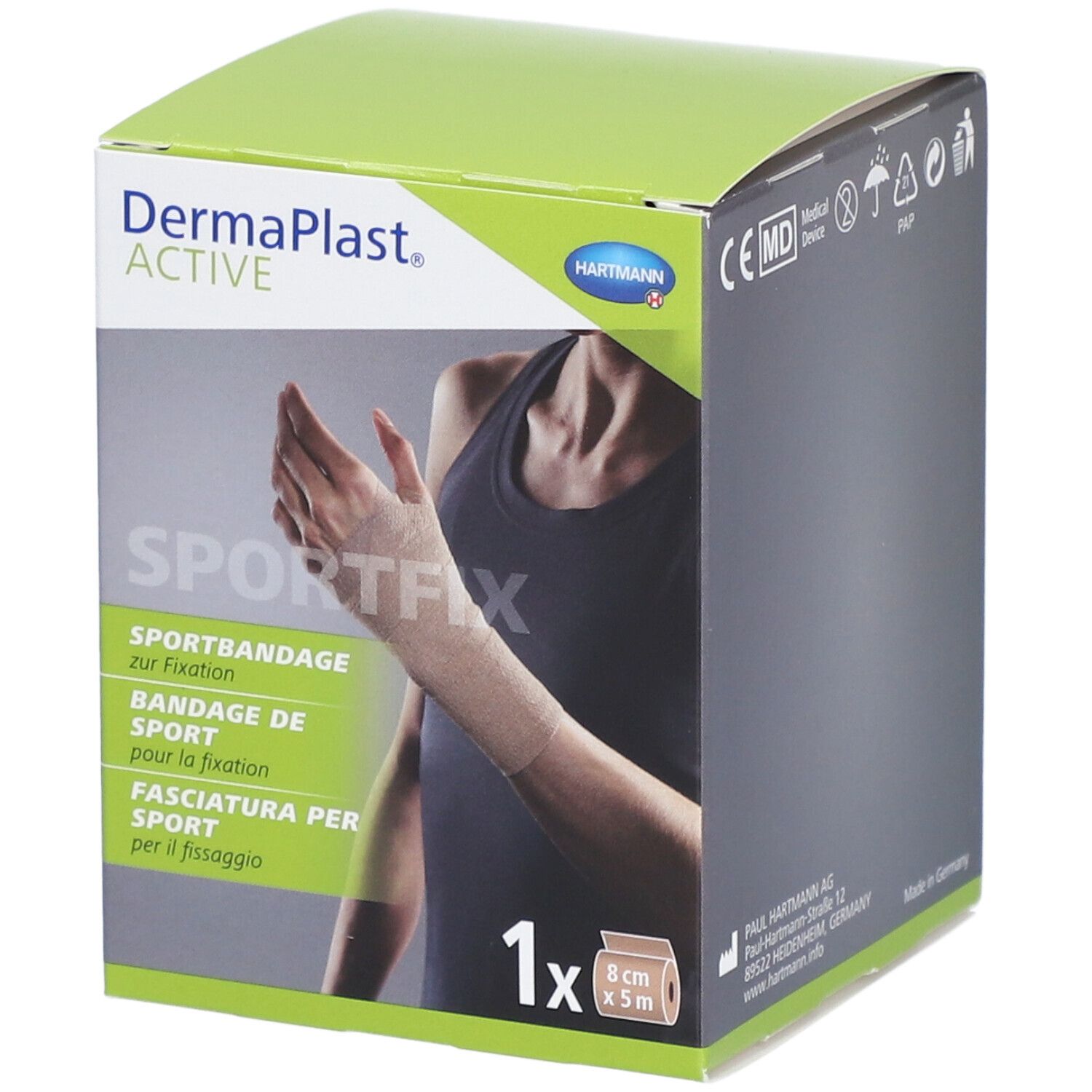 Dermaplast Active Sportfix-Box. Beige Sportbandage zur Fixation. 8 cm x 5 m. Mit Abbildung einer Hand mit Bandage.