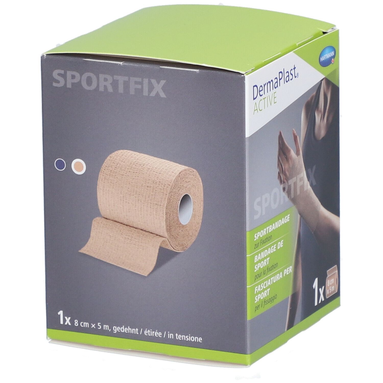 Dermaplast Active Sportfix-Box. Beige Sportbandage-Rolle. 8 cm x 5 m. Gezeigt: Rolle mit ausgezogenem Band.
