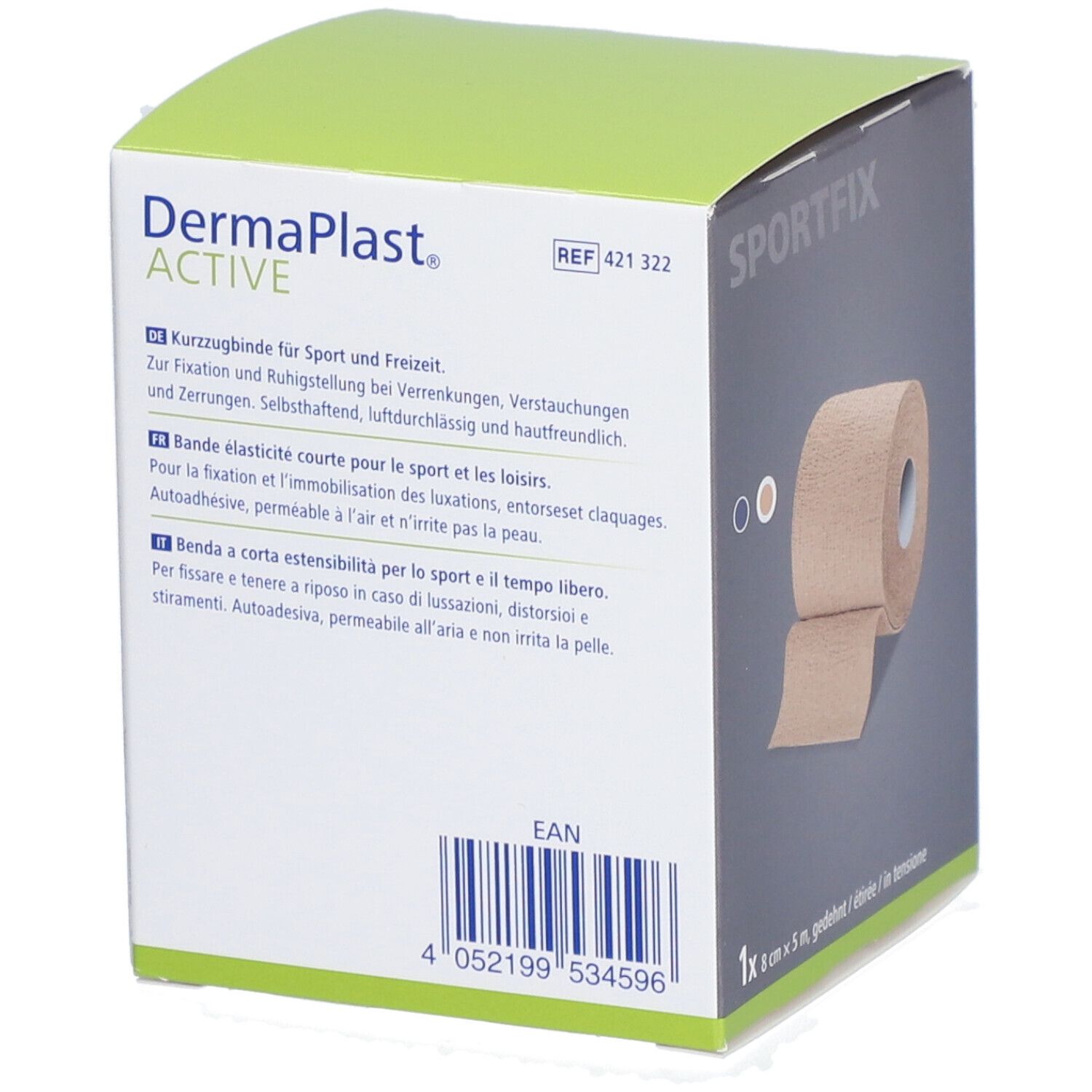 Dermaplast Active Sportfix-Box. Text auf Deutsch, Französisch und Italienisch. 8 cm x 5 m. Produktinformationen.