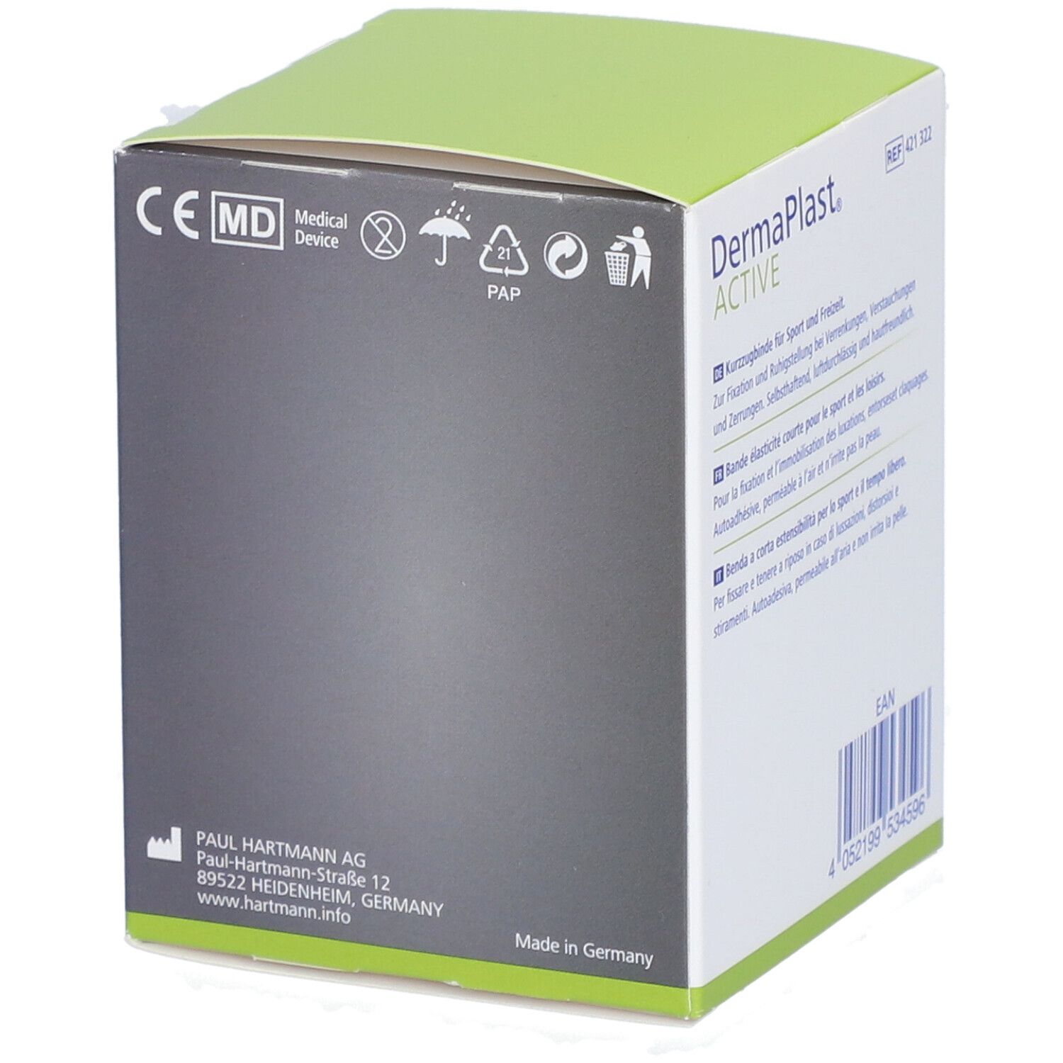 Rückseite der Dermaplast Active Sportfix-Box. Herstellerinformationen, CE-Kennzeichnung, Recycling-Symbole.