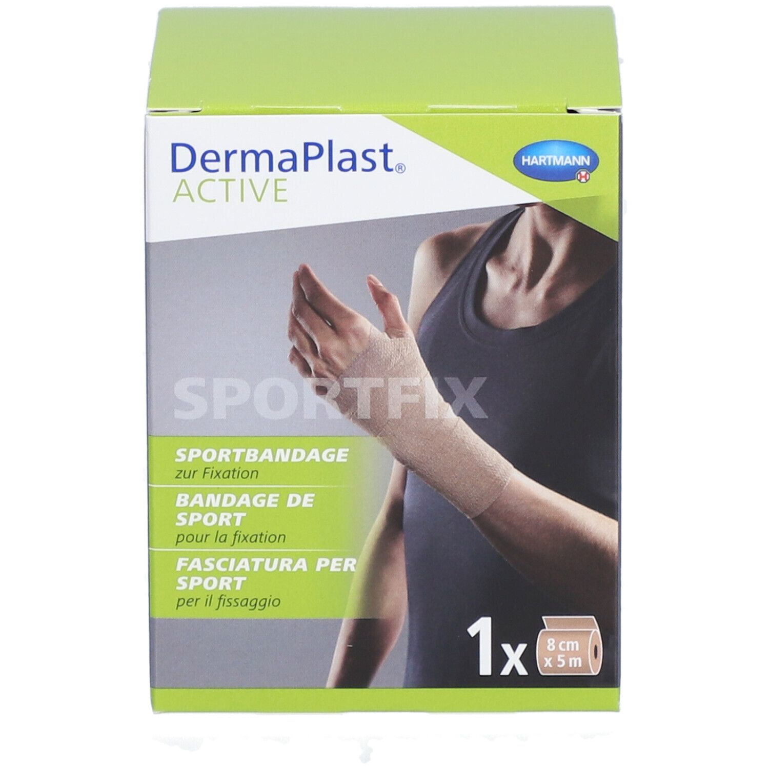 Dermaplast Active Sportfix-Box. Beige Sportbandage zur Fixation. 8 cm x 5 m. Abbildung einer Hand mit Bandage.